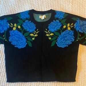 Maeve Black Sweater with Blue Floral Pattern